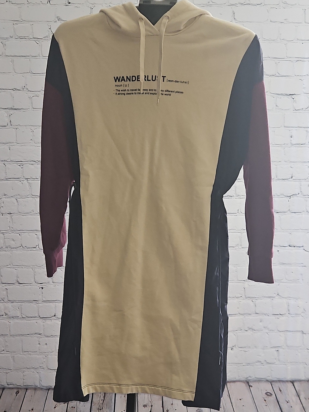 Wanderlust Hooded Long Sleeve Dress in Beige, Black & Maroon
